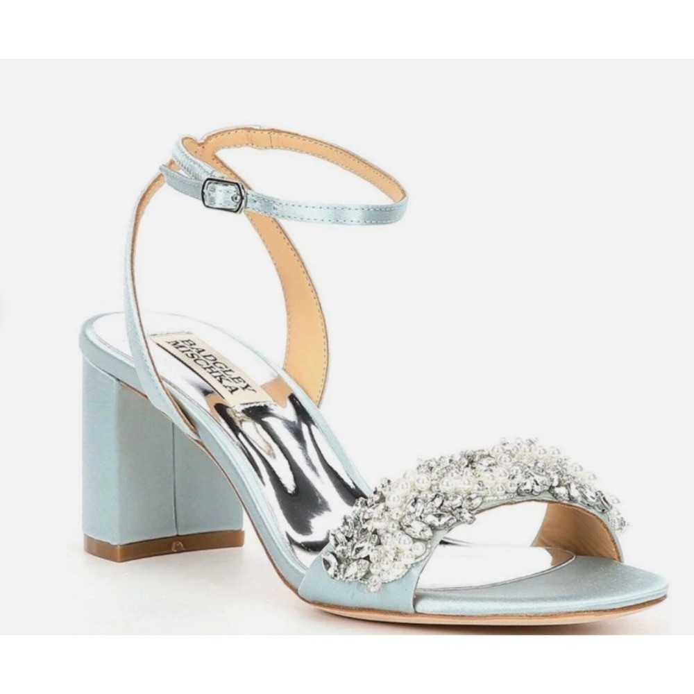 Badgley Mischka Silver Embellished Block Heel Sandals
